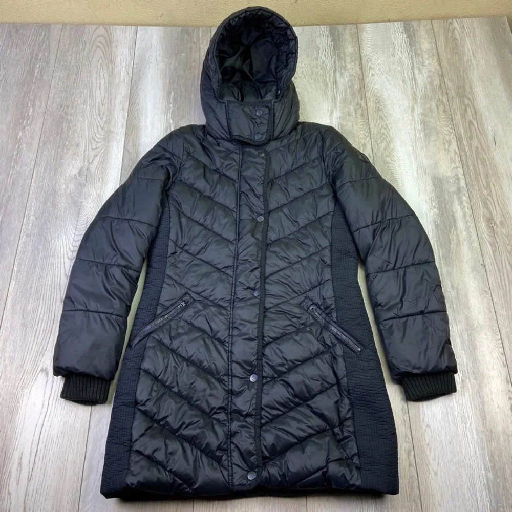Abercrombie & Fitch Parka Jacket Womens Small Black Hoodie Puffer Coat Long - Picture 1 of 14